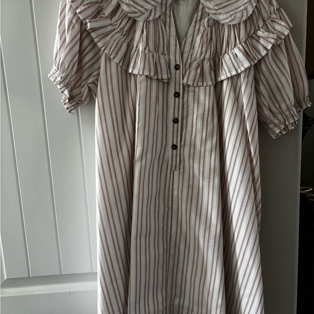 Umgee Cream & Dusty Rose Striped Ruffle Midi Dress